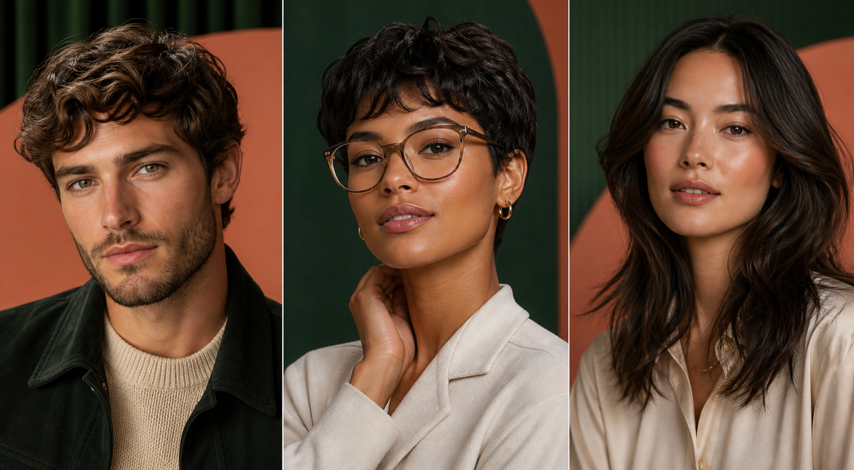 Adults demonstrating hairstyle and glasses directions